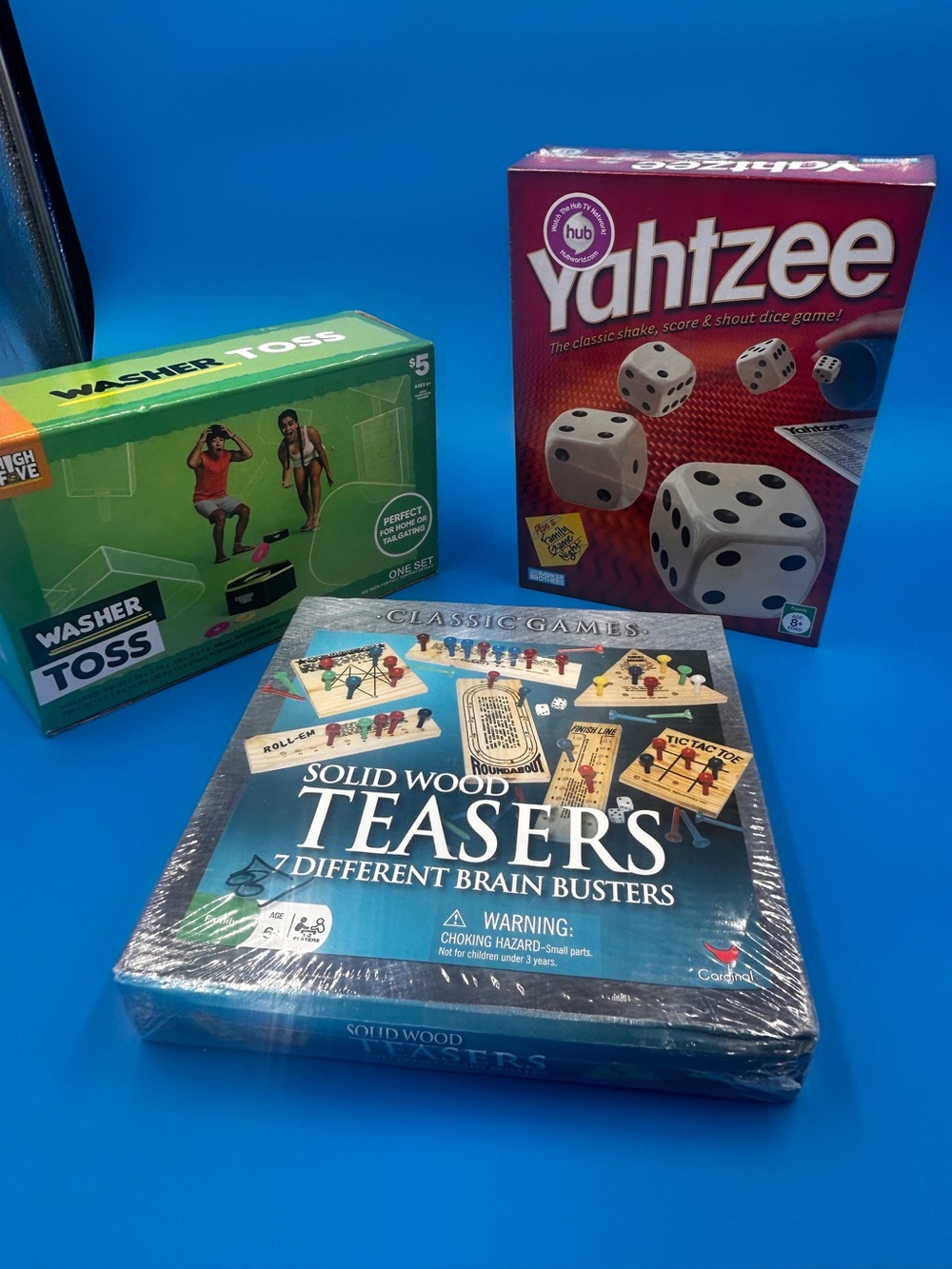 Yahtzee, Solid Wood Teasers. (7 brain buster games) & Washer Toss